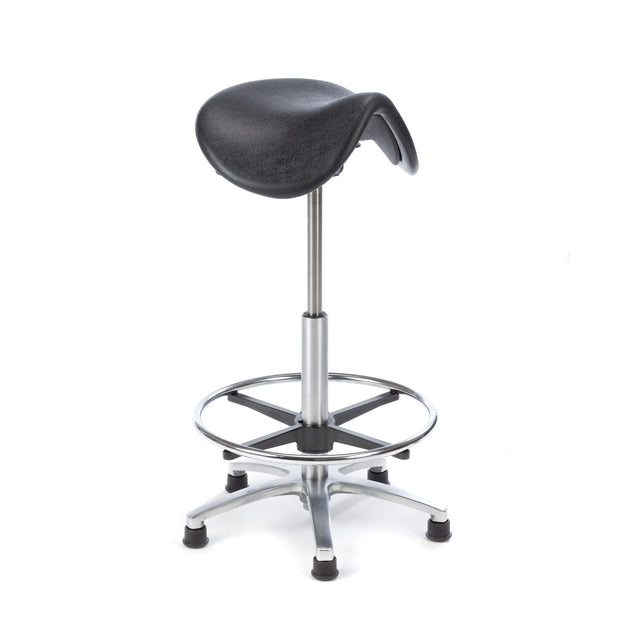 Laboratory Saddle Stool - High Version - Height Range 58-78cm - Foot Support Ring And Glides Fitted - Black