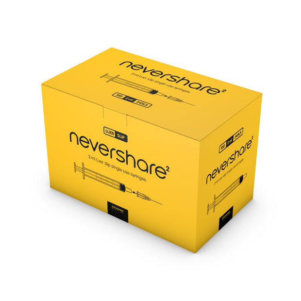 2ml Nevershare Syringe: Yellow (Luer Slip) - Pack of 100
