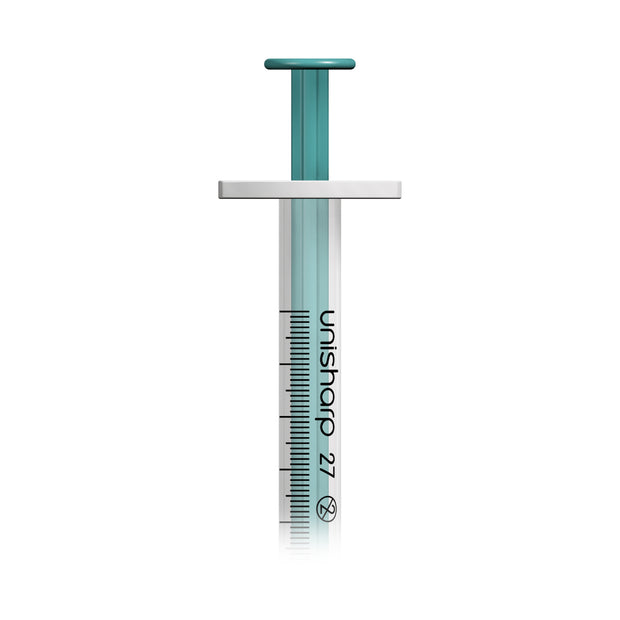 Unisharp 1ml 27G Fixed Needle Syringe: Teal Green - Pack of 100