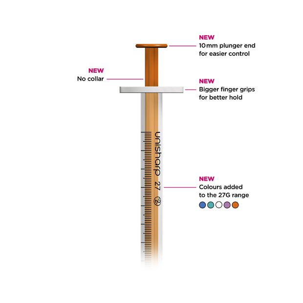 Unisharp 1ml 27G Fixed Needle Syringe: Orange - Pack Of 100