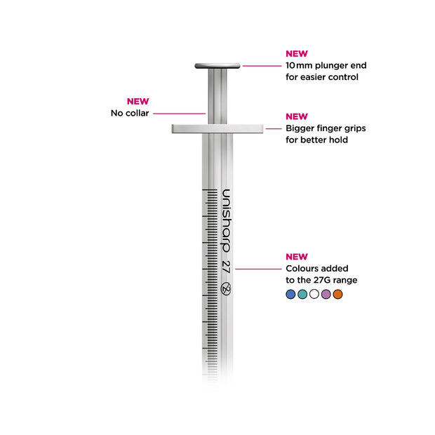 Unisharp 1ml 27g Fixed Needle Syringe: Mixed Colours - Pack Of 100