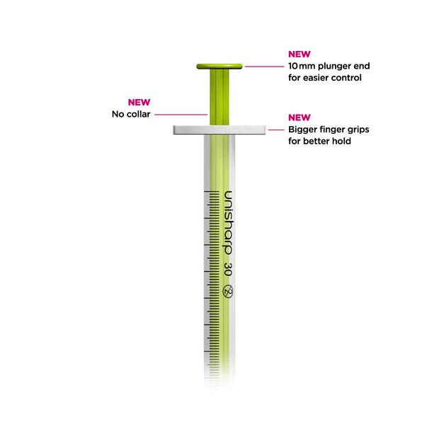 Unisharp 1ml 30g Fixed Needle Syringe: Lime Green - Pack Of 100