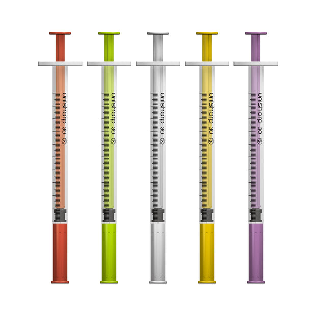 Unisharp 1ml 30g Fixed Needle Syringe: Mixed Colours - Pack of 100