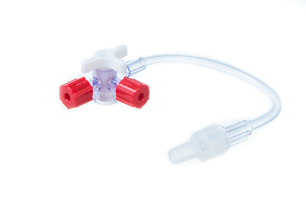 Single Needle Free Port Stopcock With 13.5cm Extension Line + Red End Caps Box of 100