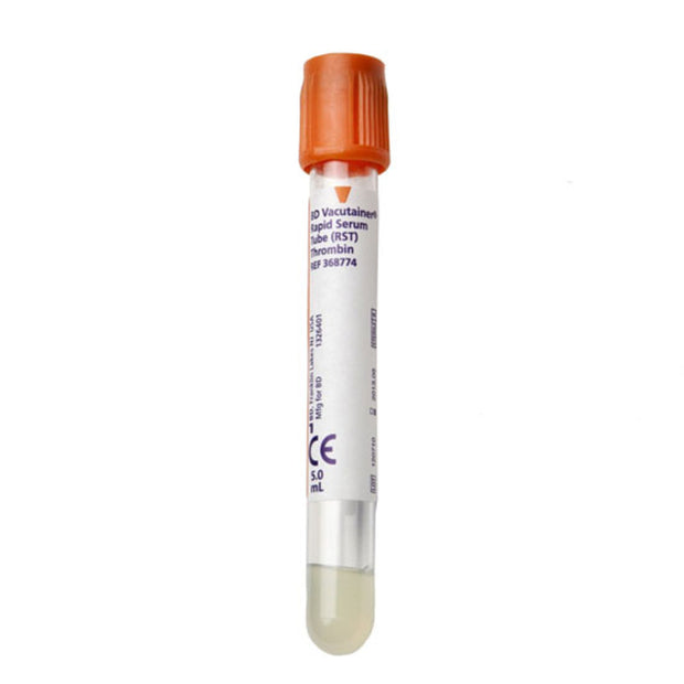 BD Medical 368774 Vacutainer® Rapid Serum Tubes (RST Tubes) With Thrombin-Based Clot Activator, 13 X 100mm, 5ml Draw Volume, Plastic Tube With Paper Label and Orange Hemogard™ Closure - Pack of 100
