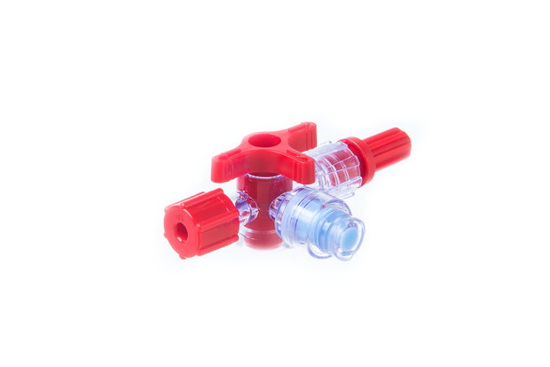 Single Needle Free Port Stopcock, Red Handle + Red End Caps Box of 100