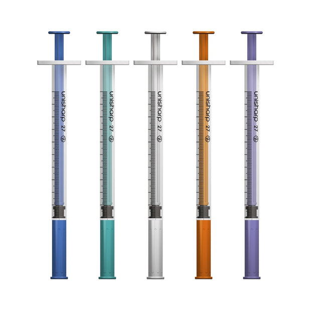 Unisharp 1ml 27G fixed needle syringe: mixed colours - Pack of 100